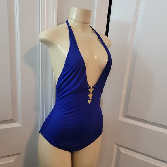 Trina Turk Algiers Deep V Neck Lattice Back Strappy Front One Piece - Picture 6 of 16